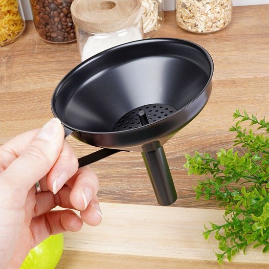 Entonnoir Cuisine En Inox Noir - Avec Tamis Extractible Et Poignée - 10,5 Cm - Idéal Pour Jus, Vin, Café