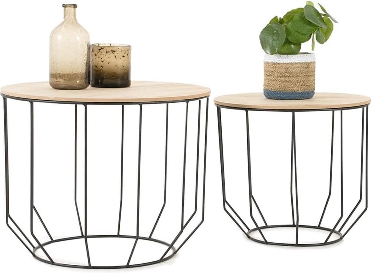 2 moderne salontafels rond, 2 bijzettafels met afneembaar deksel, industrieel design, rieten tafels van hout en metaal, belastbaarheid tot 20 kg