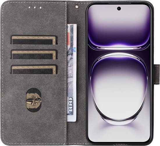 Étui de téléphone violet ouvert avec intérieur gris, trois fentes pour cartes et une poche pour billets. Téléphone avec fond d'écran violet et blanc.