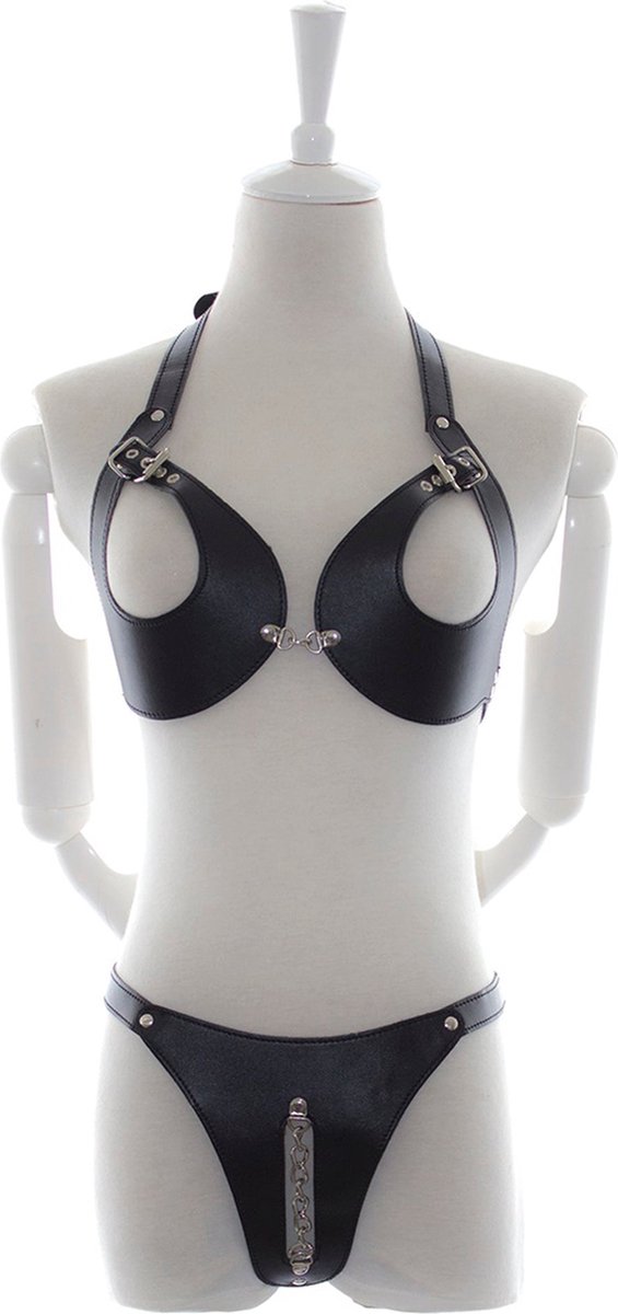 Fixxx - Fetish BH en Slipje met Open Kruis - Nr. 2 - PU-Leer - One Size - Zwart