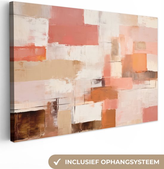 Abstract canvas schilderij in roze, beige, bruin en wit, met tekst 'INCLUSIEF OPHANGSYSTEEM'.