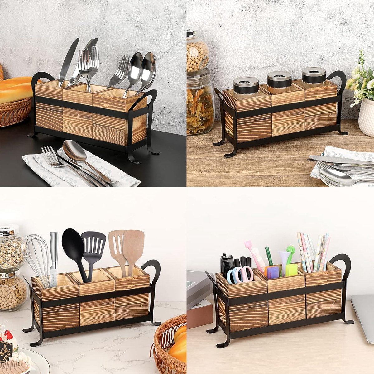 Houten gebruiksvoorwerp Caddy Bestek Houder met Handvat 3 Houten gebruiksvoorwerp Caddy Bestek Houder met Handvat 3