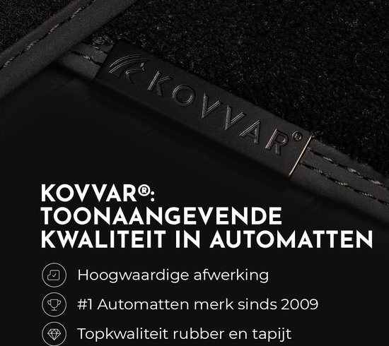 Logo Kovvar sur tapis de voiture noir avec texte 'Qualité de premier plan'