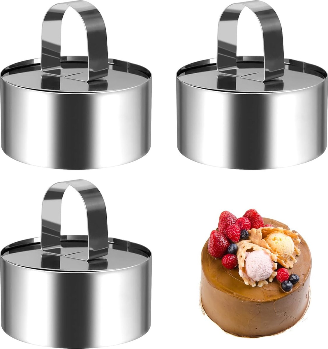 3 stuks dessertringen en voedselringen 8 cm serveerringen roestvrij staal voedselringen taartring in hoogwaardige stamper en mousse sjablonen voor koken bakken (rond)