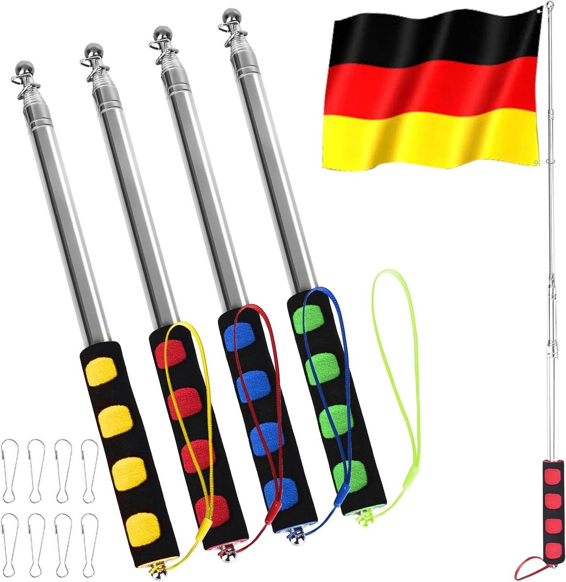 Mât Télescopique Drapeau 2m En Acier Inoxydable - Lot De 2 Avec 4 Crochets | Portable, Pour Camping, Randonnée, Guides