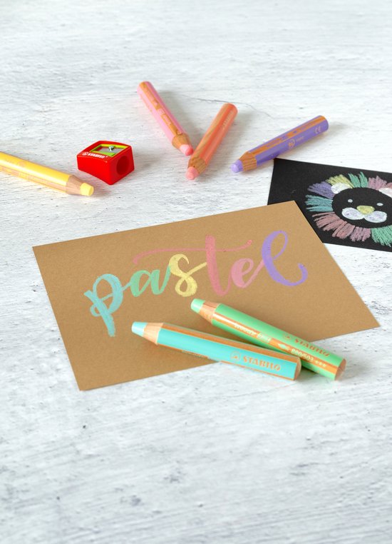 STABILO Woody 3 en 1 - Crayon de couleur multi-talentueux - Étui avec 6 couleurs pastel Incl. Taille-crayon
