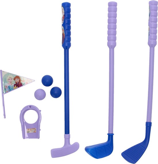 Paarse en blauwe golfclubs met Elsa en Anna, twee blauwe ballen, een paarse bal en een golfvlag met Elsa en Anna.