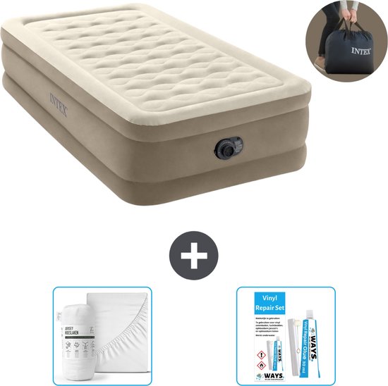 Intex Luchtbed - 1-Persoons - 99 x 191 x 46 cm - Beige - Inclusief pomp - Hoeslaken en Reparatieset