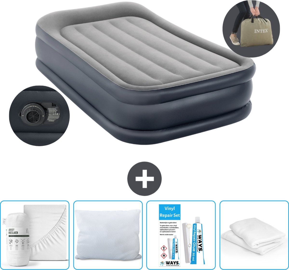 Intex Luchtbedset - 1-Persoons - 99 x 191 x 42 cm - Grijs - Met pomp + Hoeslaken Wit + Kussen + Molton 2 in 1 Kussenslopen + Reparatieset