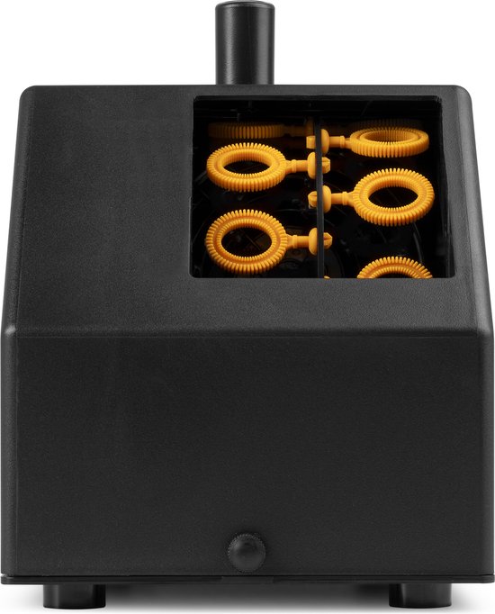 Vooraanzicht van de zwarte BeamZ B300 bellenblaasmachine met oranje bellenblaasringen en een uitlaatpijp.