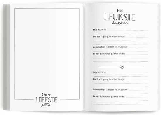 Open bucketlist boek met ruimte voor 'Onze liefste foto' en secties om over jezelf en je partner te schrijven.
