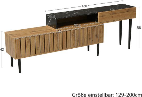 Meuble TV moderne avec motif en marbre et grain de bois, bord en PVC, pieds en fer, couleur bois foncé, décoration de la maison, peu encombrant, durable et durable.