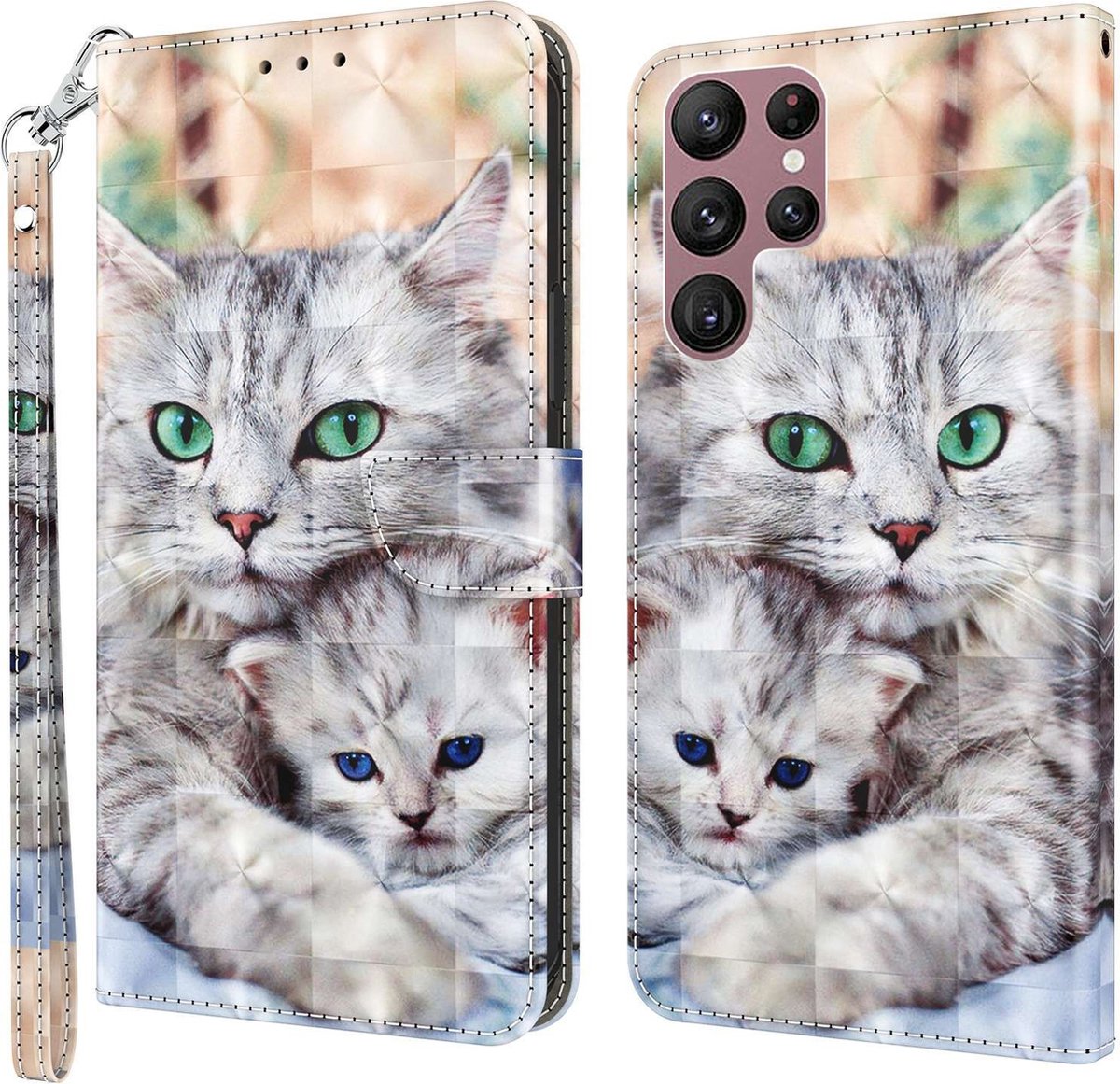 Cityhoesje-Bookcase Geschikt voor Samsung Galaxy S22 Ultra–Print 3D katten-Pasjeshouder