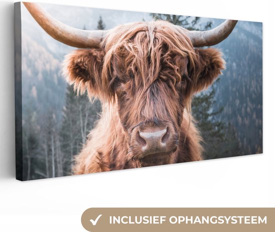 Wanddecoratie - Schotse hooglander - Dieren - Bos - Canvas Schilderij - 160x80 cm