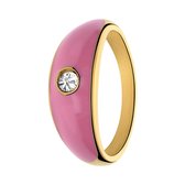 Lucardi Dames Stalen goldplated ring roze emaille met zirkonia - Ring - Staal - Goud - 18 / 57 mm