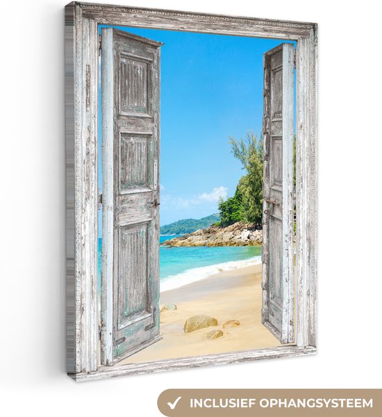Canvas schilderij 120x160 cm - Wanddecoratie Strand - Doorkijk - zomer - Tropisch - Muurdecoratie woonkamer - Slaapkamer decoratie - Kamer accessoires - Schilderijen