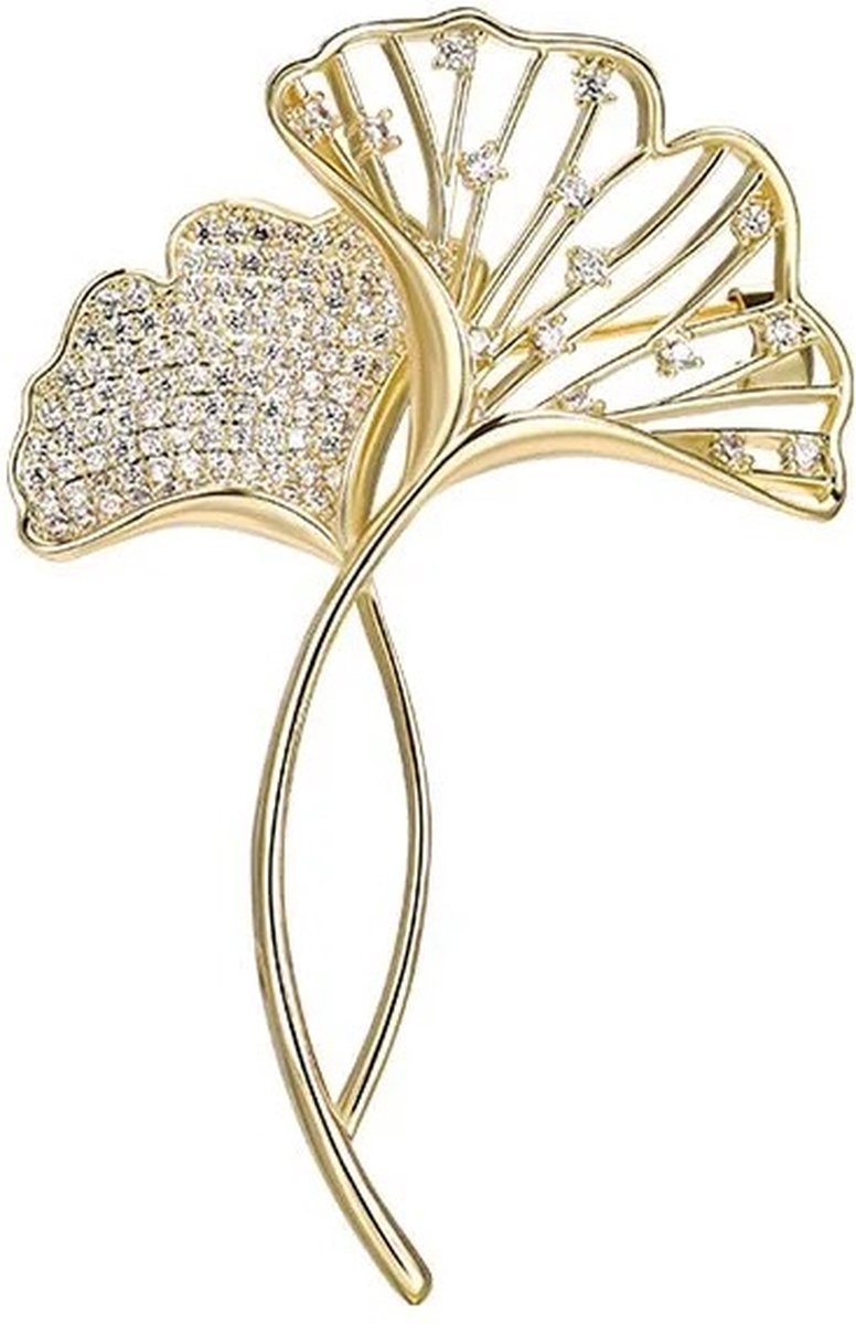 Borasi Goudkleurig Bladeren Broche | Wit Zirkonia Stenen | RVS | Hoogwaardig Roestvrij Staal | Bruiloft | Cadeau Voor Haar | Moederdag Cadeau | Broches | Dames Broche | Dames Sieraden | Vrouwen Sieraden | Elegante Look |