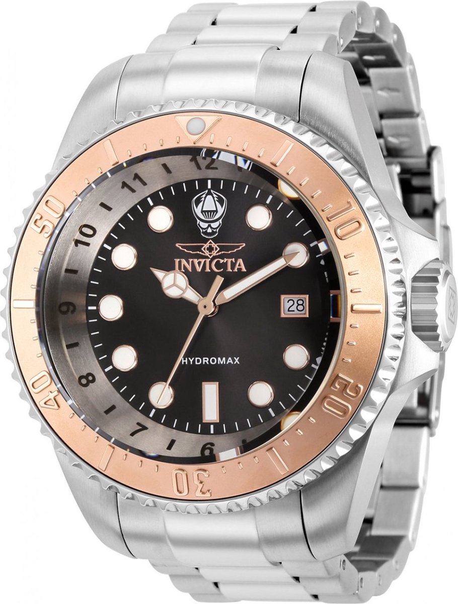 Invicta Hydromax 38017 Heren Horloge - Waterdicht - Analoog - Quartz Uurwerk - Roestvrij Staal met zwarte Wijzerplaat - 52mm