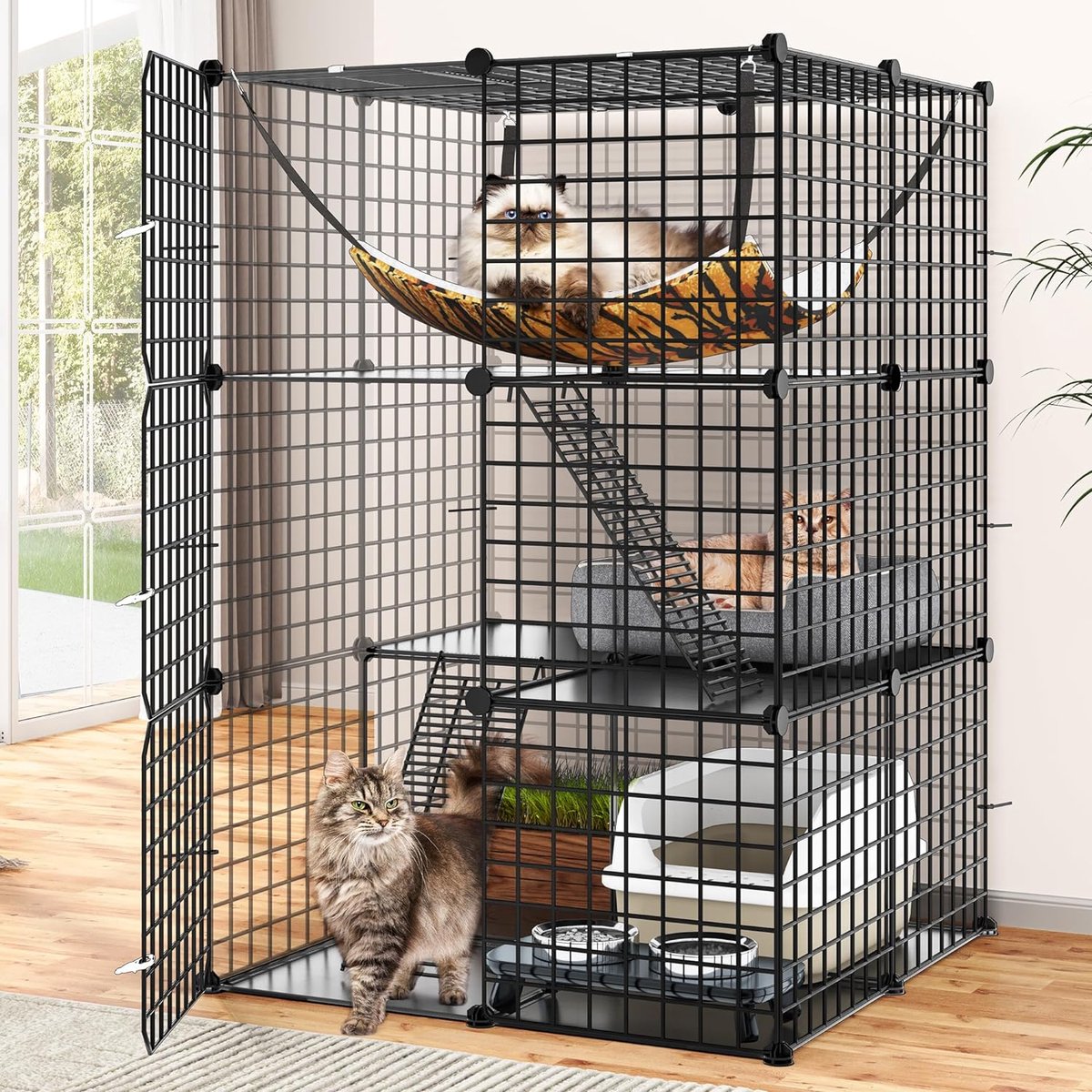 PawHut Kattenkooi, loopstall voor kleine dieren, katten, nertsen, modulair, 3 etages, 2 deuren, loopplank, metaaldraad, 105 x 70 x 116 cm, zwart