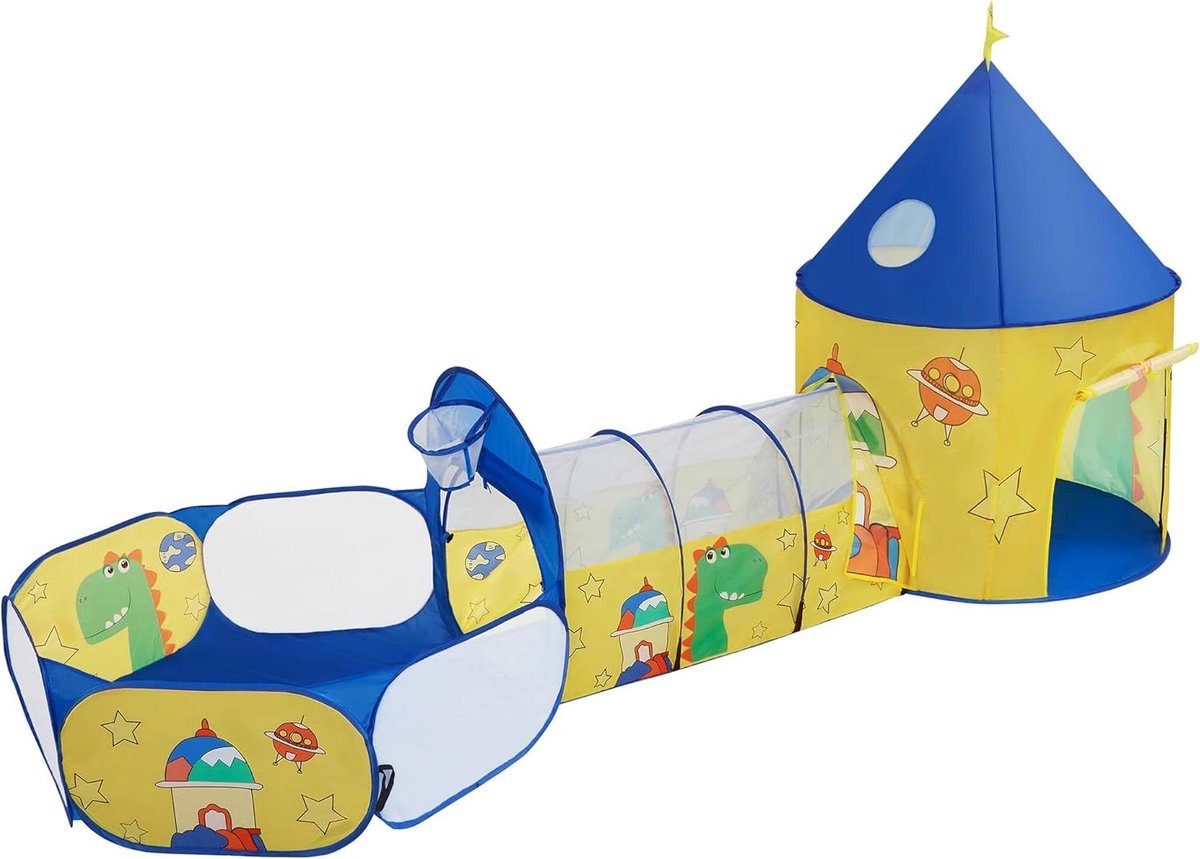 Kruiptunnel 3-in-1 speelplaats pop-up kinderbox met tent tunnel ballenbad dinosaurus ruimte cadeau-idee geel blauw LPT702Y01 Kruiptunnel