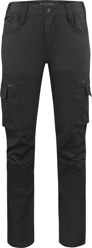 Vooraanzicht van een zwarte Texstar werkbroek met cargozakken, riemlussen en D-ring.