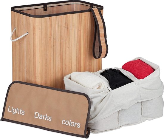 Panier à linge en Bamboe 3 compartiments - 30 L par compartiment - Couvercle et poignées - HBD 63 x 55 x 35 cm - Coloris naturel