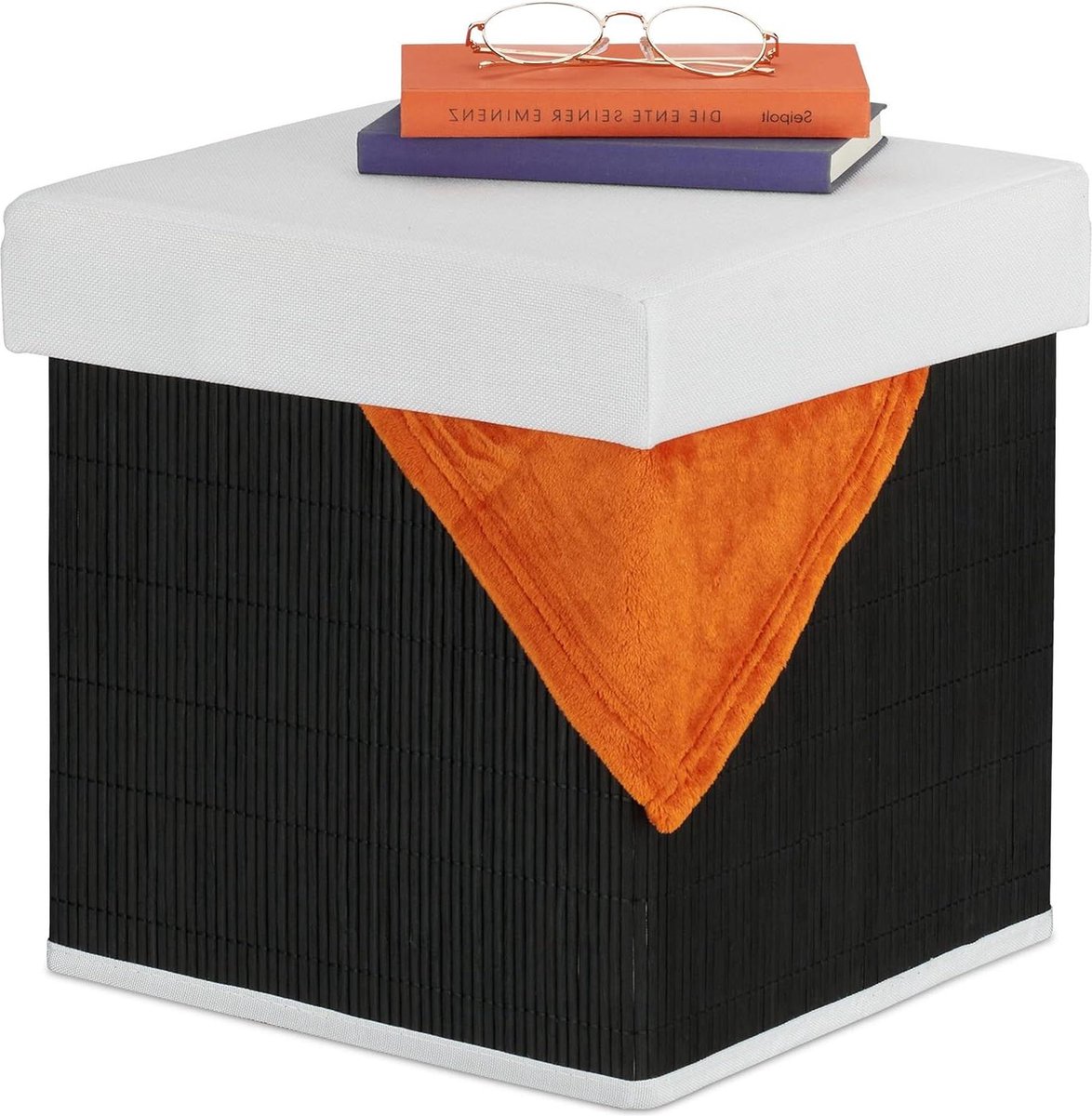 Opbergbare gepolsterde poef met bamboe deksel - inklapbaar - 35x35x35 cm - zwart/wit