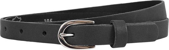 Zwarte leren damesriem, maat 95, 110 cm lang, met zilverkleurige gesp.