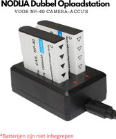 NODIJA dubbel oplaadstation voor NP-40 camera-accu's, met twee batterijen geplaatst.