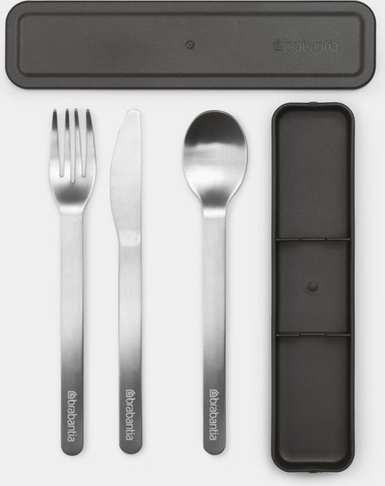 Étui à couverts Brabantia gris foncé avec une cuillère, un couteau et une fourchette en acier inoxydable.
