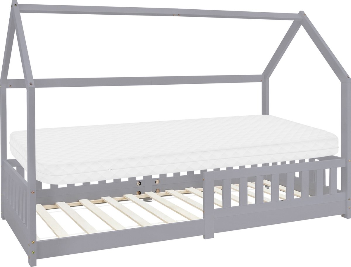 ML Design huisbed serie kinderbed 90x200 cm lichtgrijs met dak lattenbodem en koudschuim matras massief grenenhout stabiel houten speelbed voor meisjes en jongens kinderhuis junior bed met valbeveiliging vloerbed in huis design voor kinderkamer