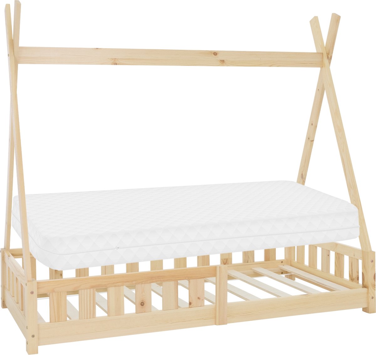 ml-design tipi-serie kinderbed 80x160 cm naturel met koudschuimmatras lattenbodem en valbeveiliging massief grenen houten huisbed in Indianenstijl met hek geschikt voor meisjes en jongens speelbed en vloerbed in tentvorm voor de kinderkamer