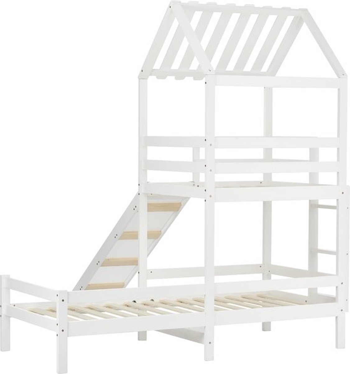 Stapelbed met rechthoekige ladder en glijbaan, huisbed met dak en raam, kinderbed met valbescherming en rooster, frame van grenen (90 x 200 cm