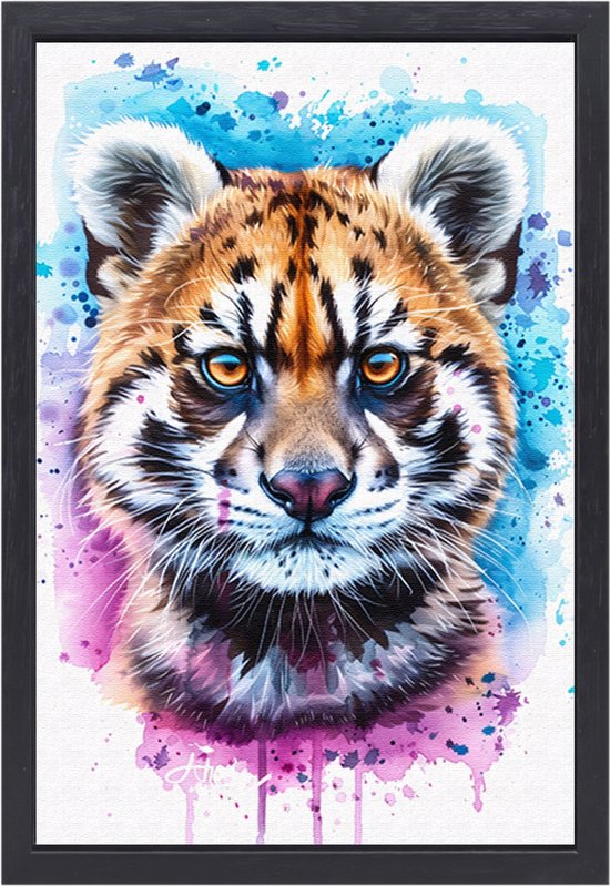 Tijger schilderij - Dieren portret - Canvas schilderijen Spetters - Wanddecoratie industrieel - Canvas met baklijst schilderij woonkamer - Kantoor accessoires canvas met baklijst 50x70 cm