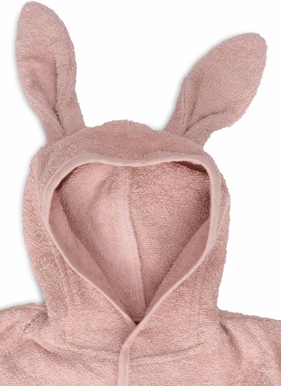 Peignoir en tissu éponge rose avec capuche à oreilles de lapin.