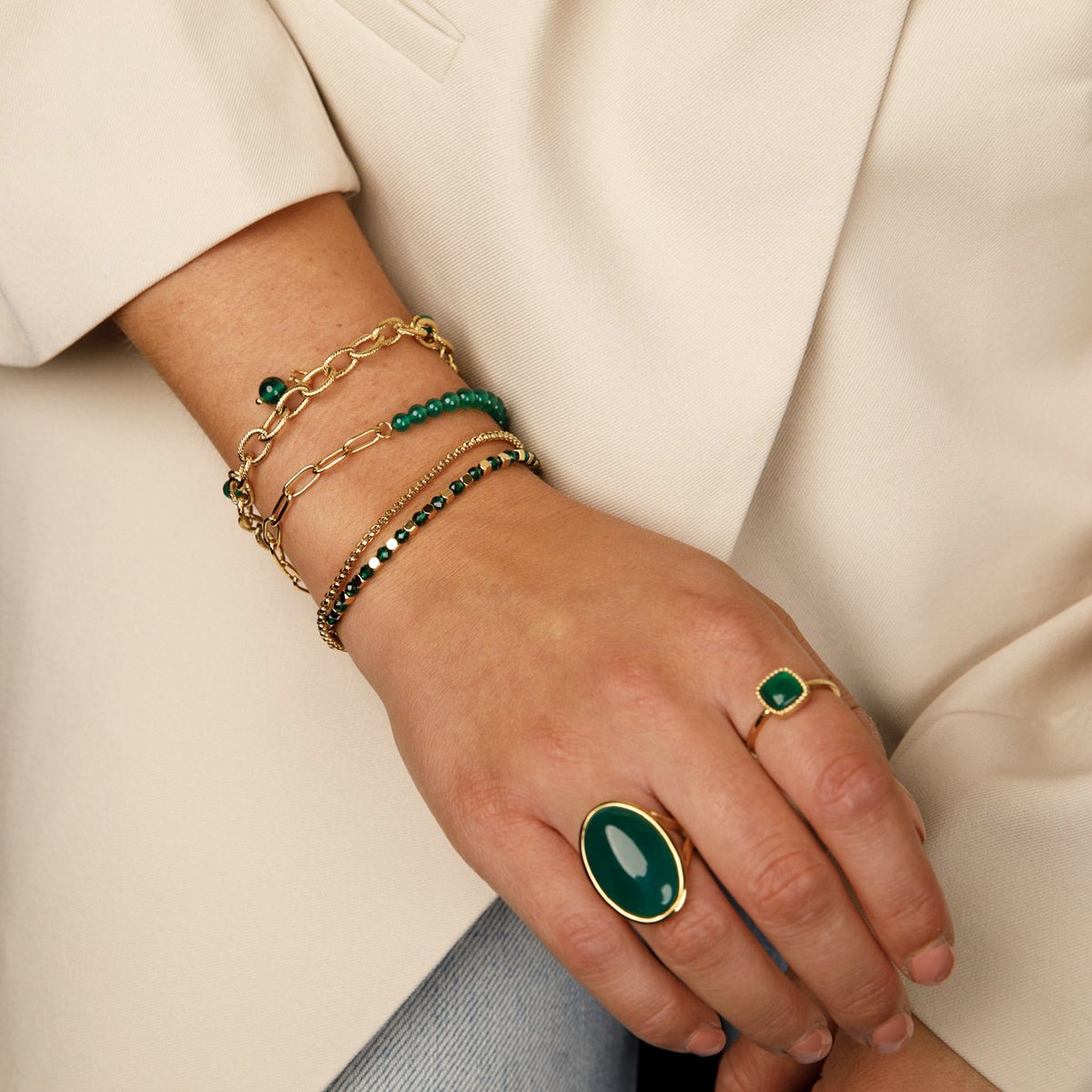 My Bendel - Goudkleurige Zegelring met Green Agate Edelsteen - met Luxe Cadeauverpakking | Sieraden Voor Dames | Maat 19.00 Mm / Maat 60 — cadeau in Sieraden - foto 5