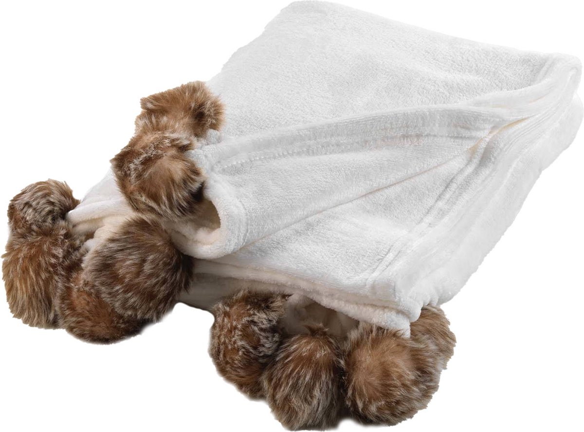Zachte pluizige deken SNOWY met pompons, 125 x 150 cm