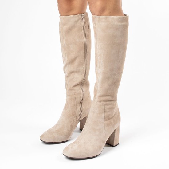 Manfield Dames Beige suede hoge laarzen met hak Maat 40 bol