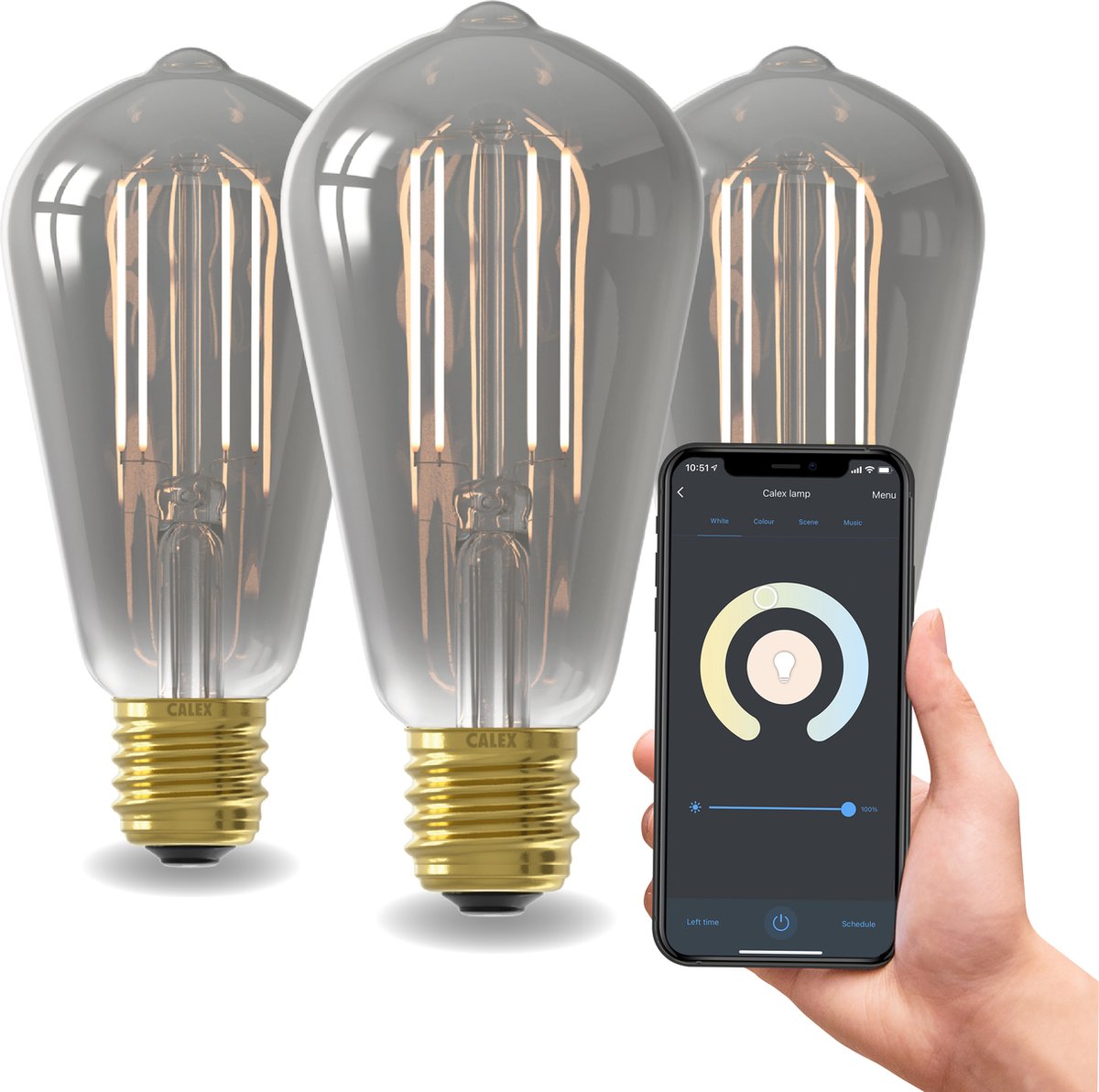 Calex Slimme Lamp - Wifi LED Filament Verlichting - E27 - Rustiek Smart Bulb Titanium - Dimbaar - Warm Wit licht - 7W - Set van 3 Stuks