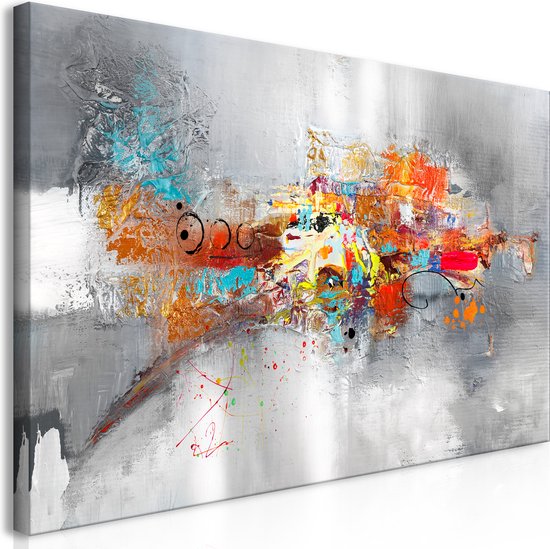 Schilderij - Dominant, 2 maten, wanddecoratie, Felle kleuren op grijze achtergrond, Abstracte afbeelding, print op echt Italiaans canvas, Wanddecoratie