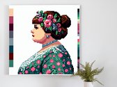 Pixel art dikke dames schilderij | Vrolijke volumineuze vrouwen: pixelkunst met een knipoog naar vorm | Kunst - 40x40 centimeter op Canvas | Foto op Canvas