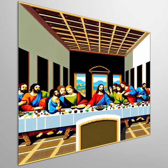 Pixel art laatste avondmaal schilderij | Het Laatste Avondmaal herschapen met kleurrijke pixels in kunstwerk | Kunst - 80x80 centimeter op Dibond | Foto op Dibond