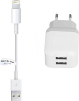 OneOne 2.1A lader + 0,2m Lightning kabel. Oplader adapter met 2 poorten past op o.a. Apple iPhone 5, 5c, 5s, 6, 6s, 7, 8, SE, X, XR, XS, 10, 10s, 11, 12, 13, 14, Mini / Pro / Pro Max / Plus, iPad Mini, 2, 3, 4, 5, iPad Air, 2, 3