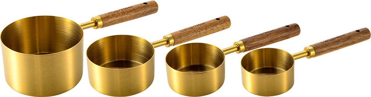 Houten handvat roestvrijstalen maatbeker maatlepel bakgereedschap - Maatbeker 4-delige set verguld