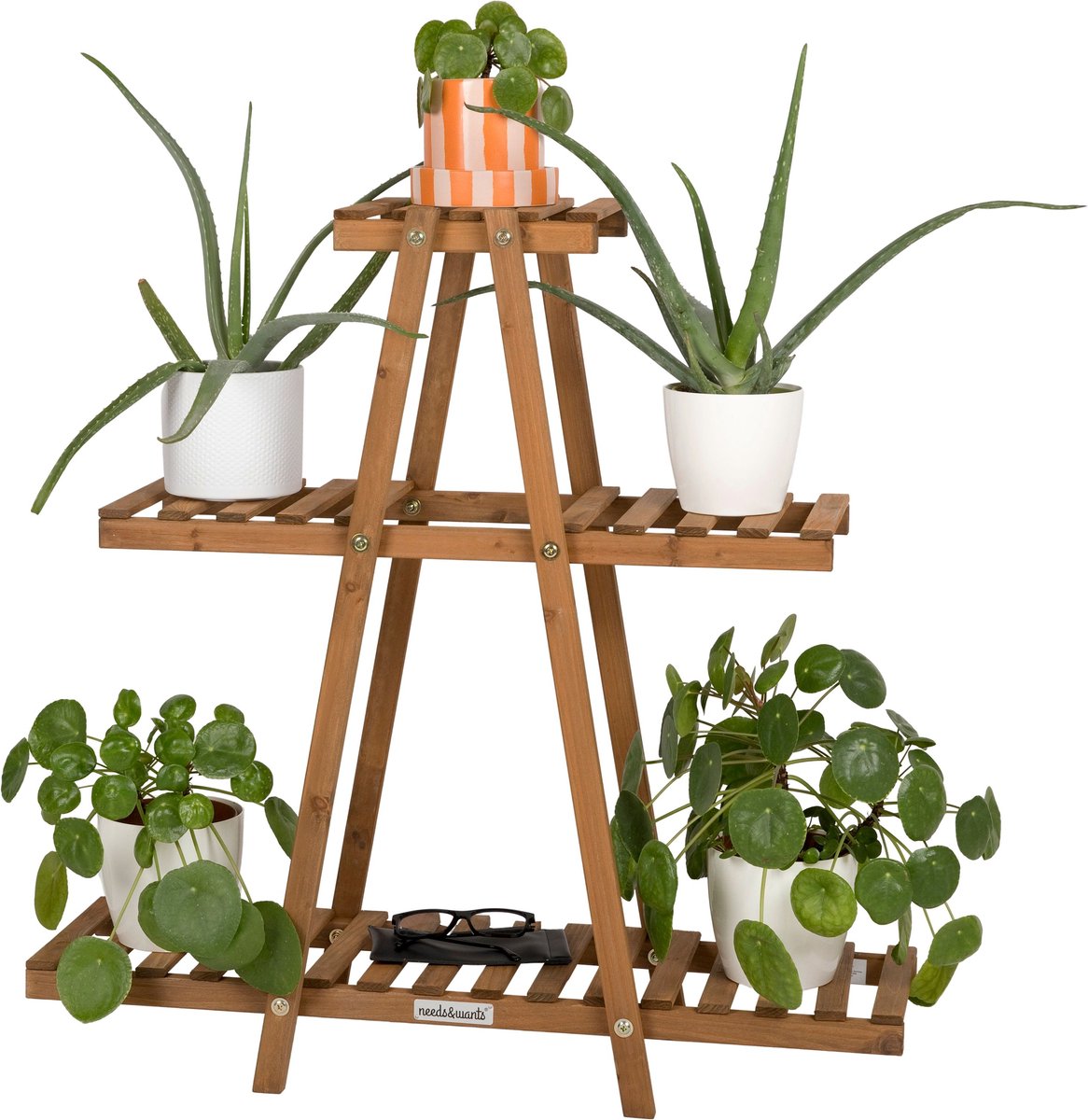 need&wants® plantenstandaard bloemenstandaard van hout weerbestendig voor binnen buiten balkon tuin buiten binnenmuur, plantenplank bloementrap, 83 x 28 x 83 cm hoog, bruin