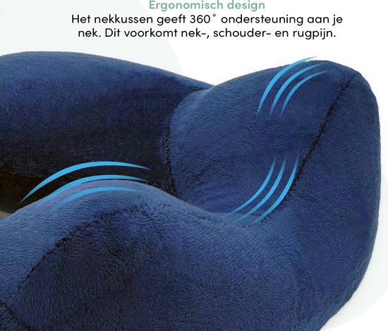 Blauw, opblaasbaar nekkussen met ergonomisch ontwerp voor 360° ondersteuning.