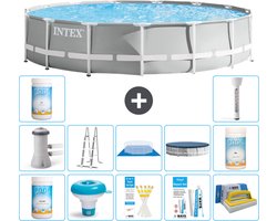Intex Rond Prism Frame Zwembad - 457 x 107 cm - Grijs - Inclusief Pomp - Ladder - Grondzeil - Afdekzeil Chloor - Chloordrijver - Testrips - Reparatiesetje - Scrubborstel - PH-waarde - PH-waarde - Thermometer