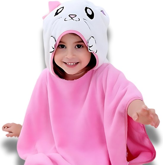 BoefieBoef 2-in-1 Hello Kitty! Dieren Badponcho & Badlaken voor Baby's, Peuters en Kinderen 1 tot 7 jaar – Eco Bio Katoen – Speelse en Comfortabele Zwemponcho - Deken - Badcape - Wikkeldeken - Kat Roze