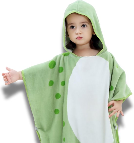 BoefieBoef 2-in-1 Dinosaurus Dieren Badponcho & Badlaken voor Baby's, Peuters en Kinderen 1 tot 7 jaar – Eco Bio Katoen – Speelse en Comfortabele Zwemponcho - Deken - Badcape - Wikkeldeken - Groen