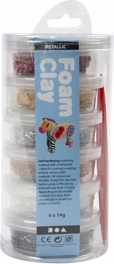 Koker met zes potjes schuimklei van 14gr per stuk. Bevat een decoratie van een zebra.